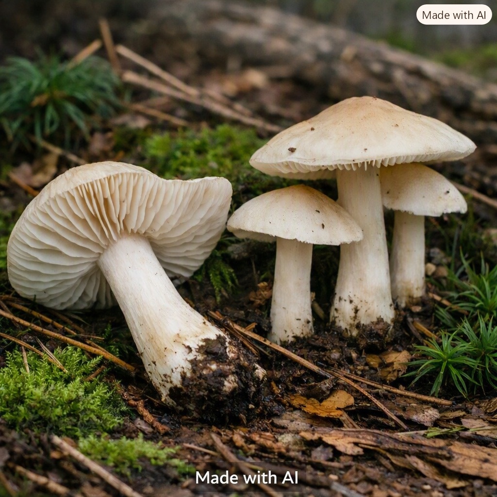 Lästiger Ritterling - Bild exemplarisch, KI generiert. Der Pilz ist in Gänze weißlich bis max. blass gelblich. Die Lamellen sind entfernt stehend und dieser Pilz kommt im Nadelwald vor (gerne auch Bergwälder). 